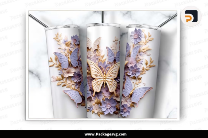 Purple Butterfly Tumbler Wrap PNG, 20oz Skinny Tumbler Wrap