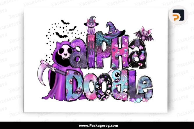 Purple Halloween Doodle Letters Alphabet Bundle, Death Cat Bat Cliparts PNG LMSHELFI