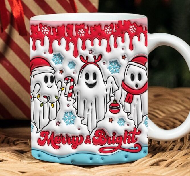3D Cute Christmas Ghosts Inflated Mug, 11oz 15oz Mug Wrap PNG LMZS7R2E