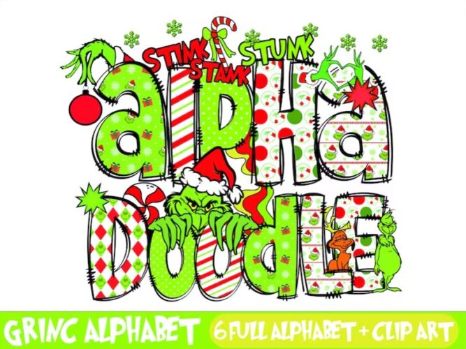 Grinch Doodle Letters Alphabet Bundle, Christmas Set Cliparts Font PNG LMRGOKYY