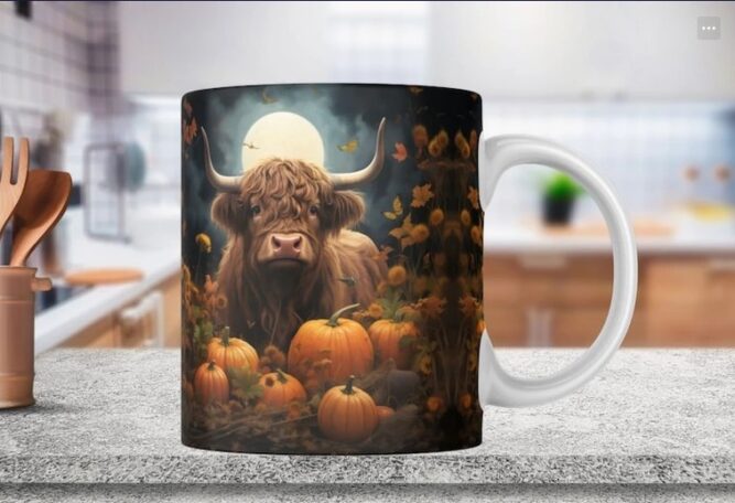 Autumn Highland Cow in Bucket Mug, 11oz 15oz Mug Wrap PNG LMZMFV3L