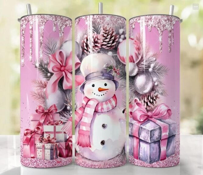 Pink Christmas Snowman Sublimation PNG, 20oz Tumbler Wrap LM7KB7LU