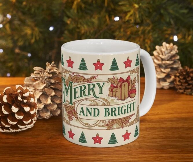 Merry and Bright Christmas Mug, 11oz 15oz Mug Wrap PNG LMZZ34Z1