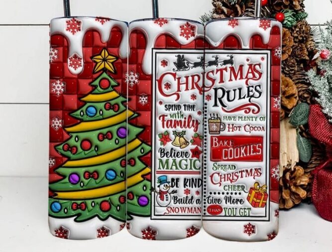 3D Inflated Christmas Rules Tumbler, 20oz Tumbler Wrap PNG LMZZMWN2