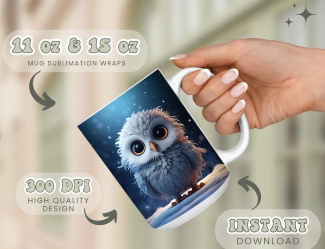 Winter Cute Baby Owl Sublimation PNG, 11oz 15oz Mug Wrap LMQ36QD4