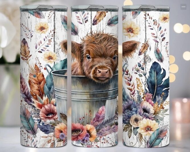 Baby Highland Cow In a Bucket PNG, 20 oz Tumbler Wrap LM5NLFJP