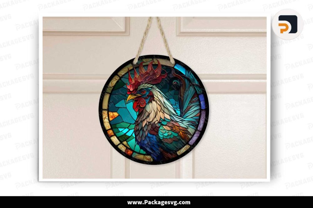 Stained Glass Rooster Sublimation Design, Farm Round Door Hanger PNG LMSHRT4A