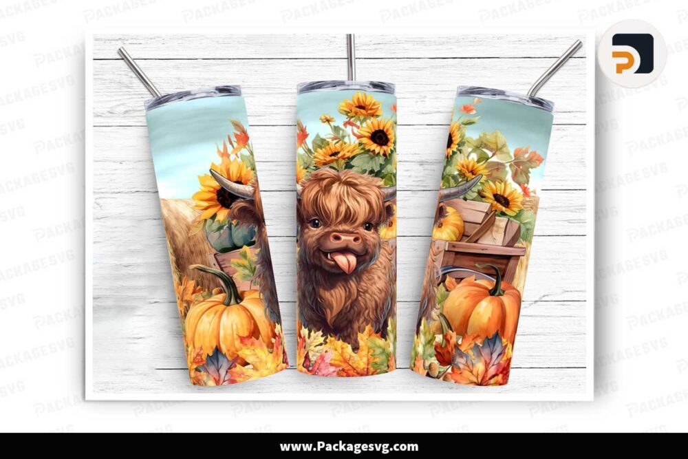 Sunflowers Pumpkins Highland Cow Tumbler, 20oz Tumbler Wrap PNG LMTYEATO