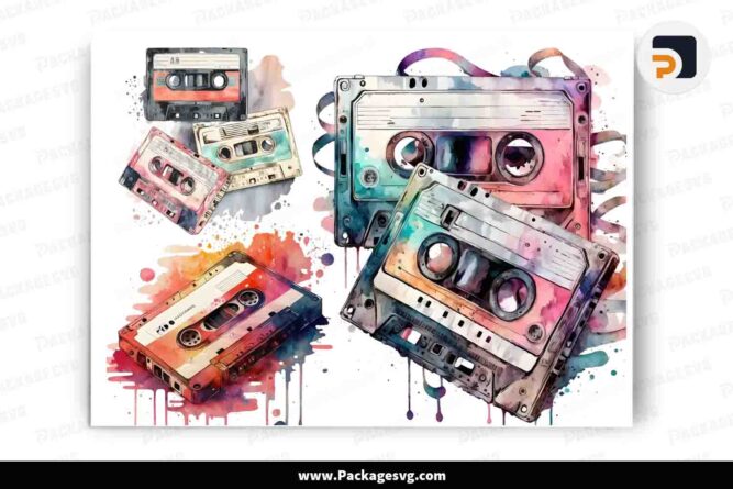 Watercolor Cassette Tape Clipart Bundle, 5 Music Designs PNG LMRHFWLY