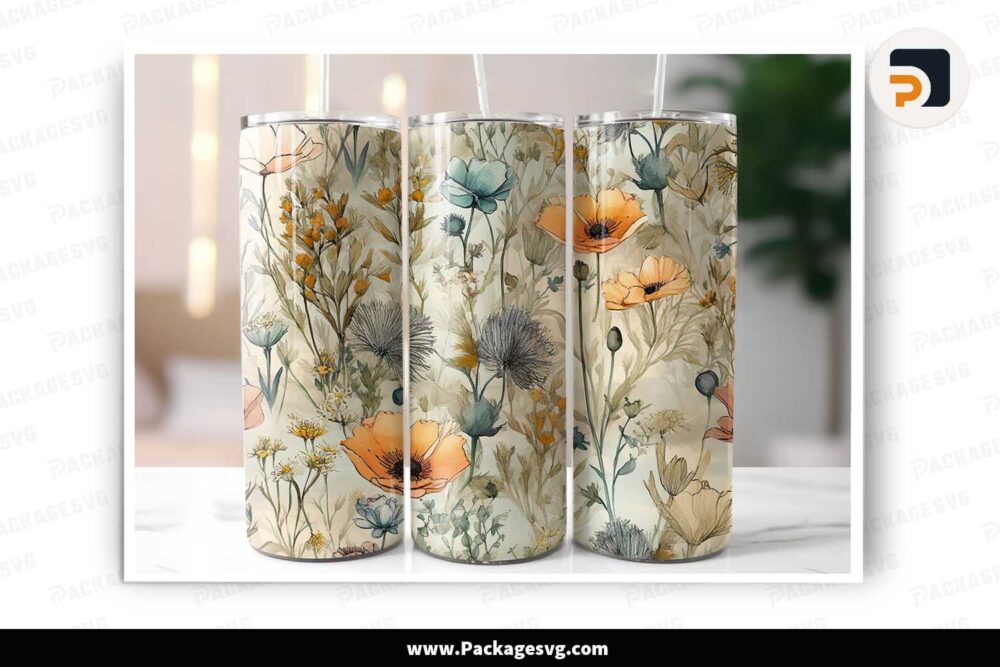 Watercolor Wildflowers Sublimation Design, 20 oz Skinny Tumbler Wrap PNG LMOQ9CM9