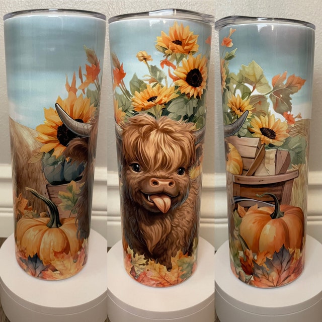 Sunflowers Pumpkins Highland Cow Tumbler, 20oz Tumbler Wrap PNG LMTYEATO