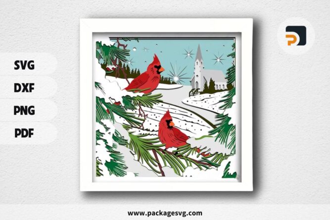 3D Cardinals Bird Shadow Box, Christmas Template for Cricut