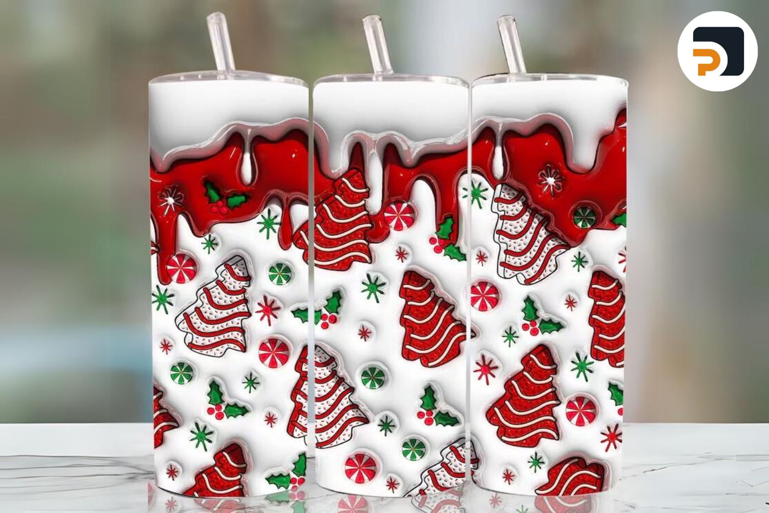 Christmas Tumbler Wraps - 3D Frosted Pine Cones Skinny Tumbler Design