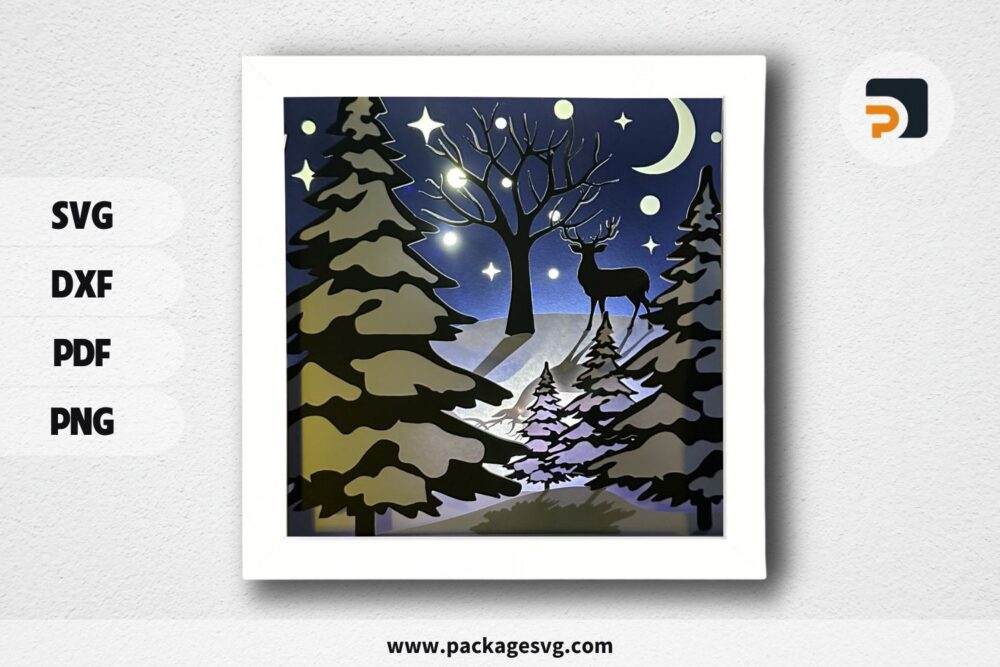 3D Deer Winter Sky Night Lightbox, SVG Paper Cut File LODZC9DL