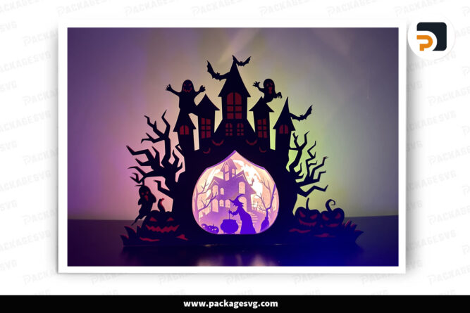 3D Halloween Evil Witch Halloween Light Box, Haunt House SVG Paper Cut File LNK2UUO0