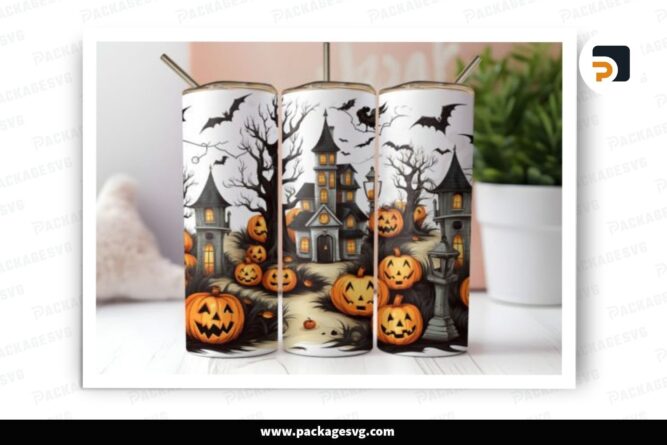 3D Halloween Scene Sublimation Design, 20oz Skinny Tumbler Wrap LNU1IIGR