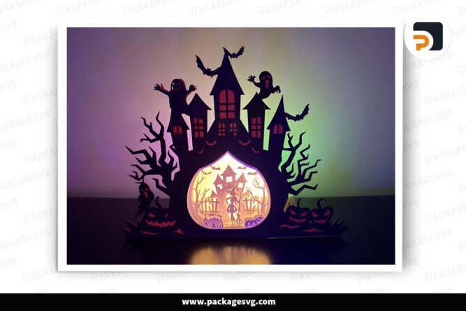 3D Halloween Witch Light Box, Haunt House SVG Paper Cut File LNI7XNFL