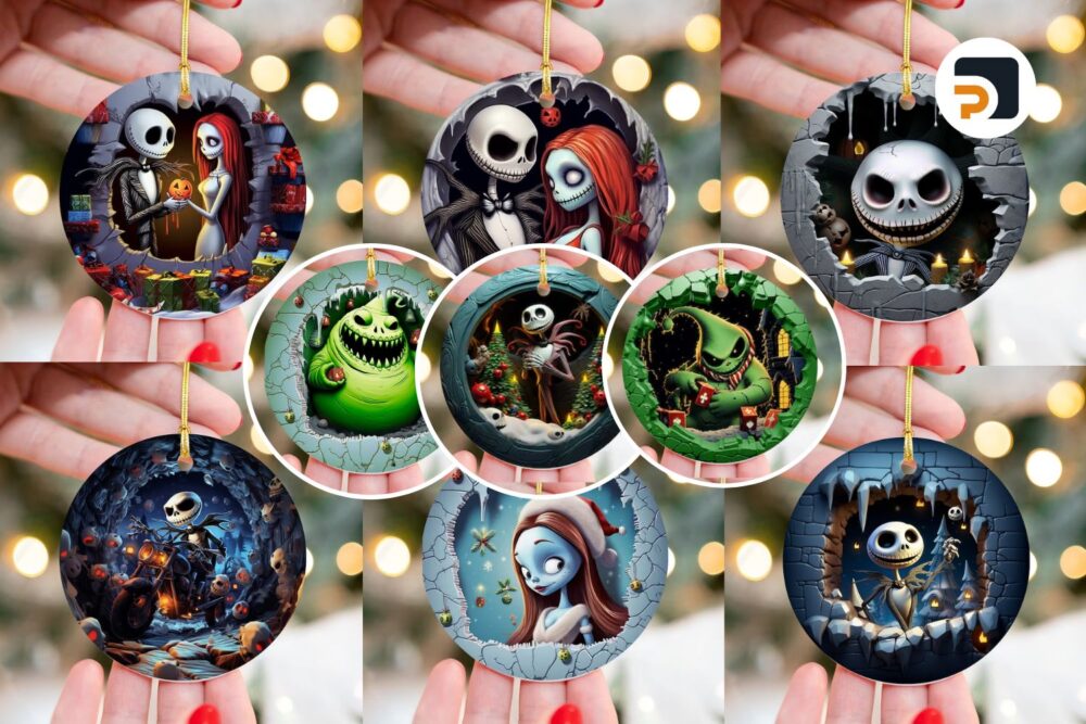 3D Nightmare Christmas Break Through Ornament Bundle, 11 Designs Sublimation