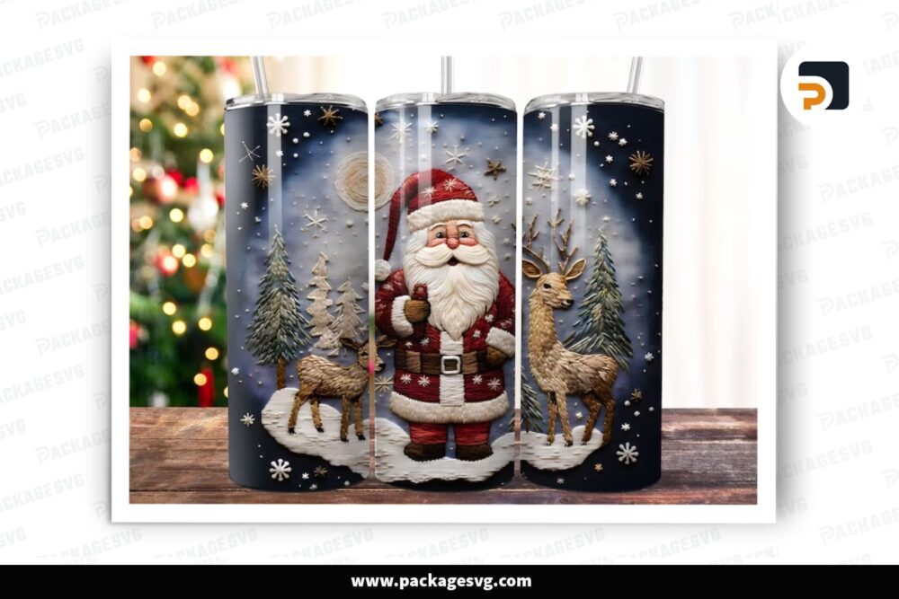 3D Santa With Deers Sublimation Design, 20oz Skinny Tumbler Wrap LO5LE80X