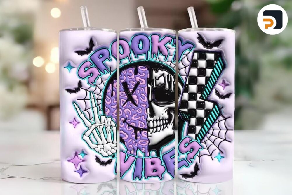 3D Spooky Vibes Halloween Inflated Sublimation Design, 20oz Skinny Tumbler Wrap