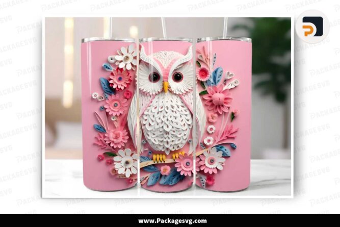 3D White Owl Pink Flowers Tumbler Design, 20 oz Tumbler Wrap PNG LNB39652