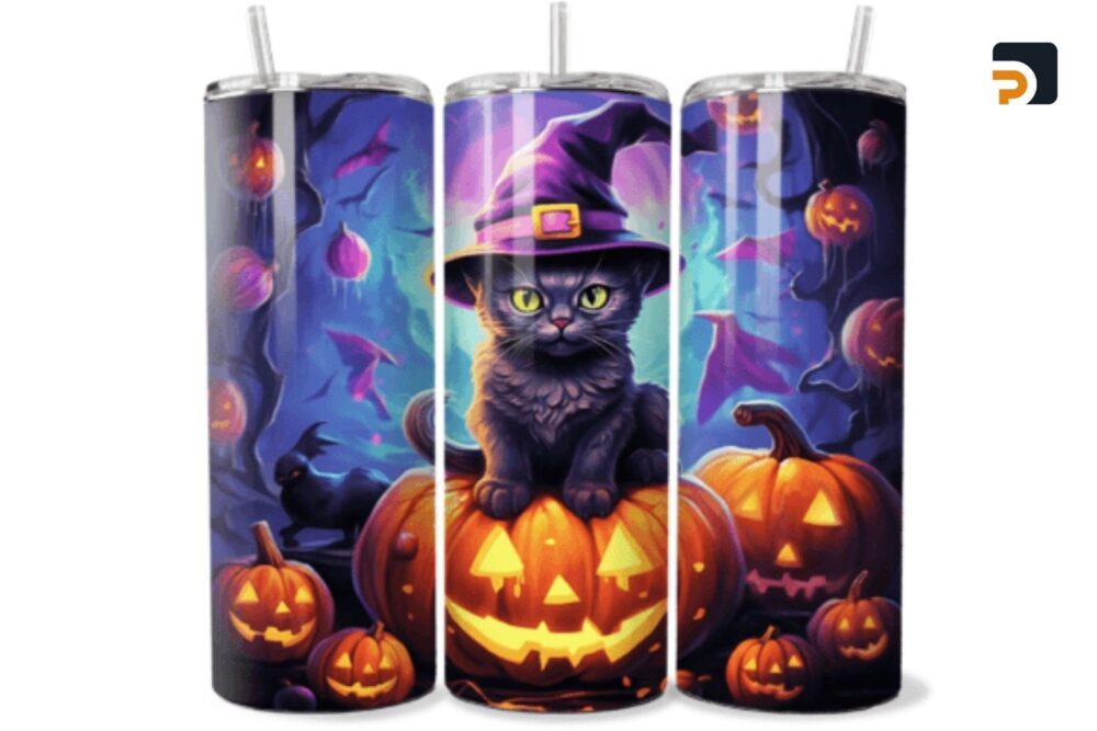 Black Cat Witch Sublimation Design, 20oz Skinny Tumbler Wrap