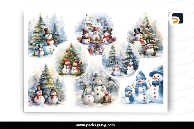 Christmas Snowman Watercolor PNG Bundle, 10 Designs Watercolor Clipart LO2OKNRS