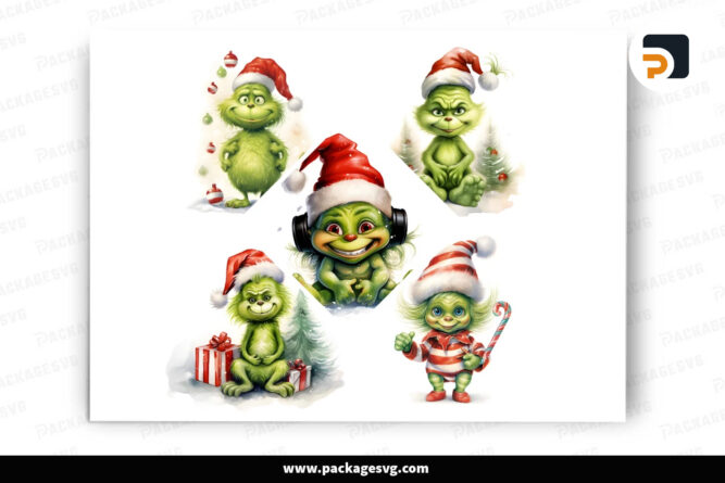 Cute Baby Grinch Christmas PNG Bundle, 14 Designs Watercolor Clipart LNWI92SD