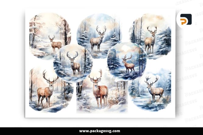 Deer in Winter Forest Watercolor PNG Bundle, 12 Designs Watercolor Clipart LO2OP6PJ