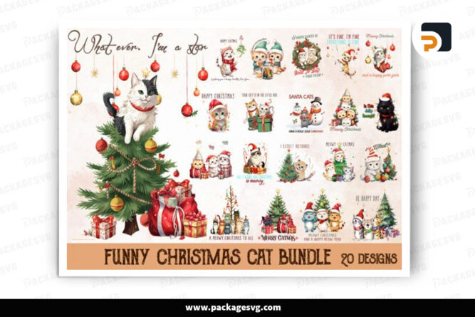 Funny Christmas Cat Bundle PNG, 10 Designs Sublimation File LO83DWX1