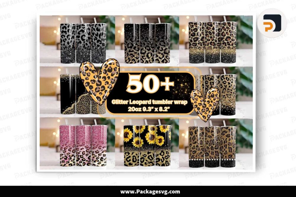 Glitter Leopard Tumbler Bundle, 50 Designs 20oz Skinny Tumbler Wrap LNBIO4Z5