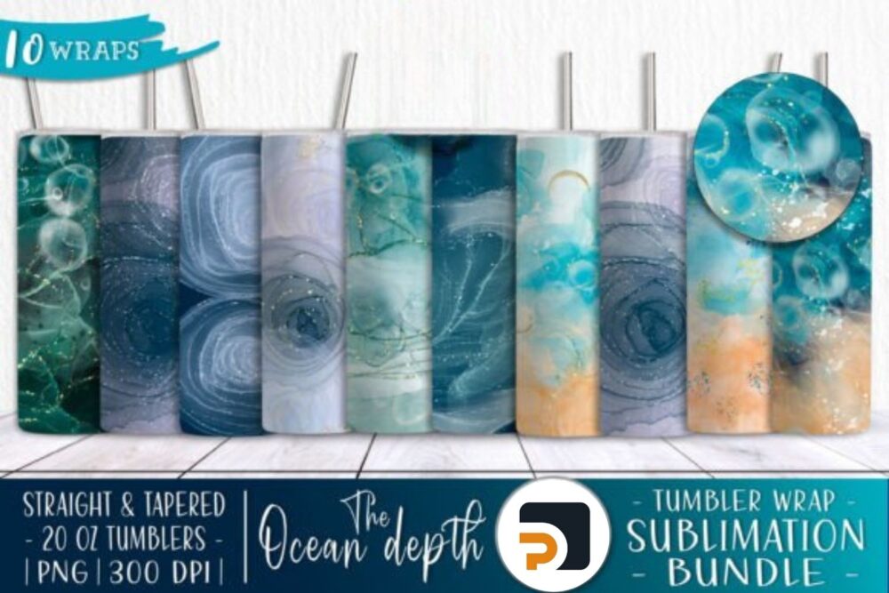 Ocean Alcohol Ink Sublimation Bundle, 10 Designs 20oz Skinny Tumbler Wrap