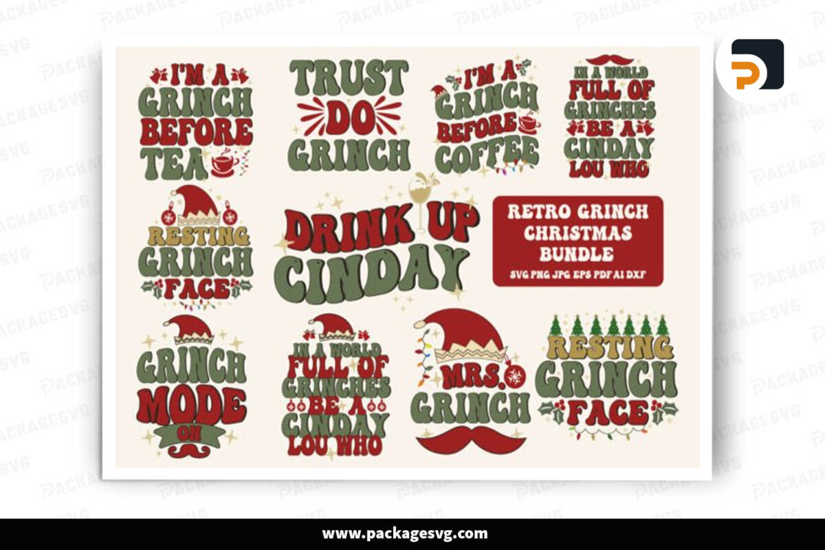 Retro Grinch Christmas Bundle, Christmas Cut File Free Download