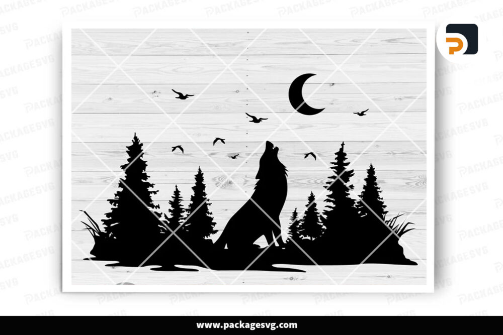 Wolf Howling Under The Moon SVG, Mountain Wolf Design LNL3UOFD