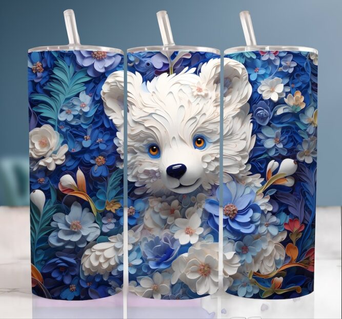 3D Floral Bear Sublimation Design, 20oz Tumbler Wrap PNG LN8M5BQY