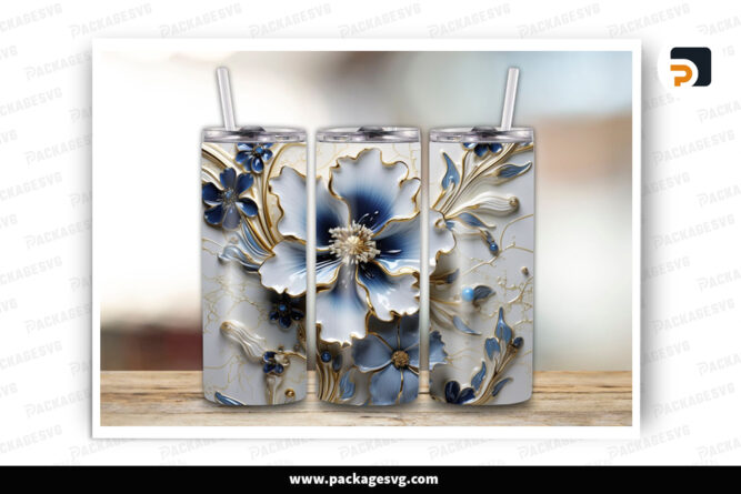 3D Blue Flower Sublimation Design, 20oz Skinny Tumbler Wrap LOM982ZR