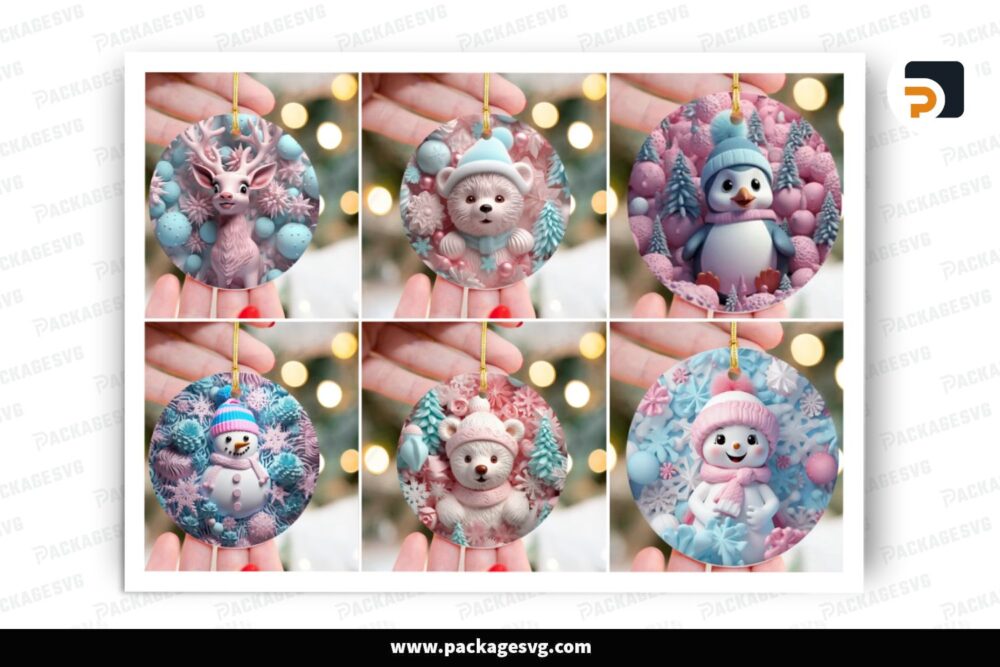 3D Pink Christmas Ornament Bundle, 12 Designs Sublimation