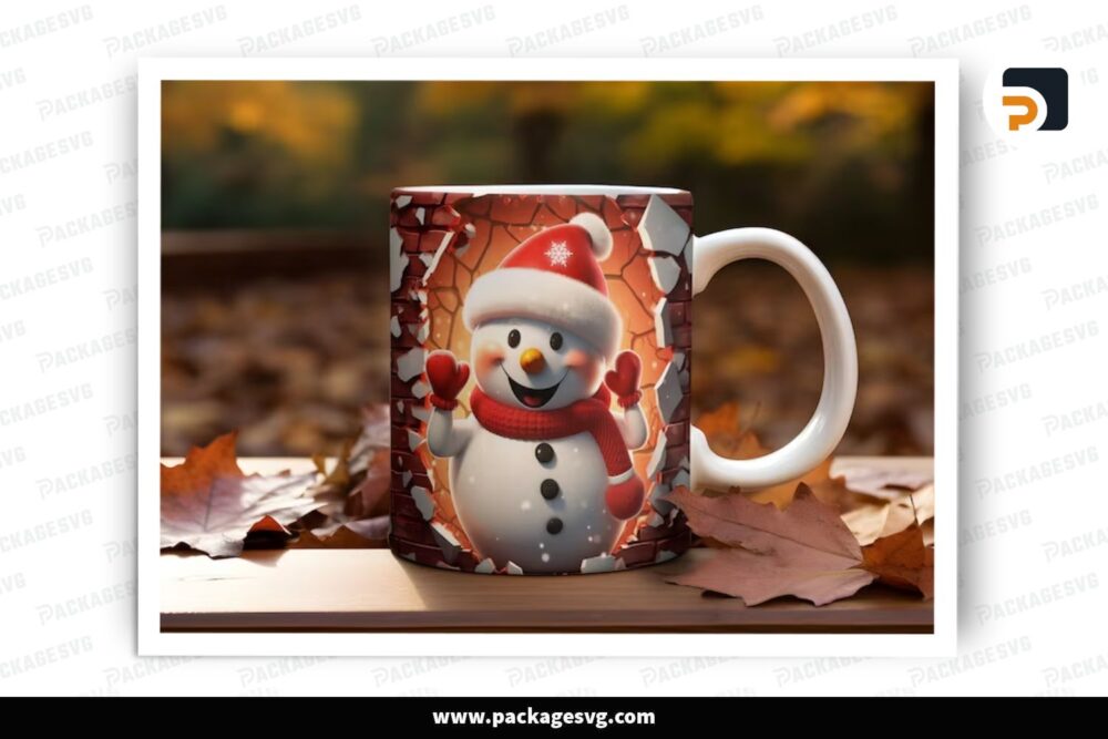 3D Red Snowman Break Through Sublimation PNG, 11oz 15oz Skinny Mug Wrap LPJ8NOOL