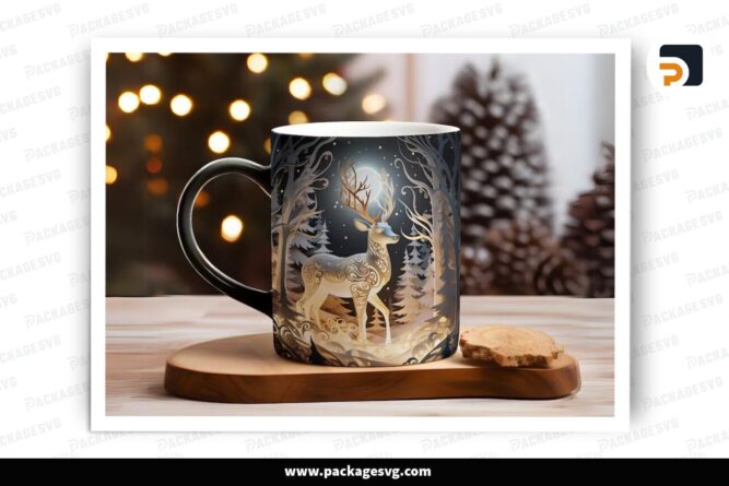 3D Reindeer Christmas Sublimation Design, 11oz 15oz Skinny Mug Wrap LPJ9LSRI