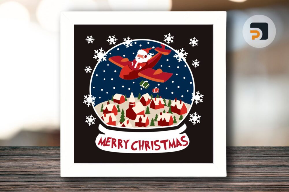 3D Santa Plane Snow Globe Shadowbox SVG, Christmas Paper Cut File