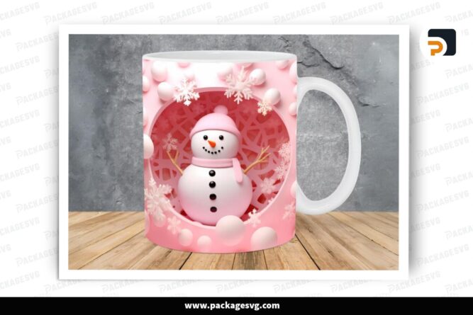 3D Snowman Pink Hole In A Wall Sublimation Design, 11oz 15oz Skinny Mug Wrap LPGQNXOZ