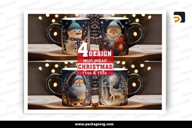 3D Warm Christmas Sublimation Bundle, 4 Designs 11oz 15oz Skinny Mug Wrap