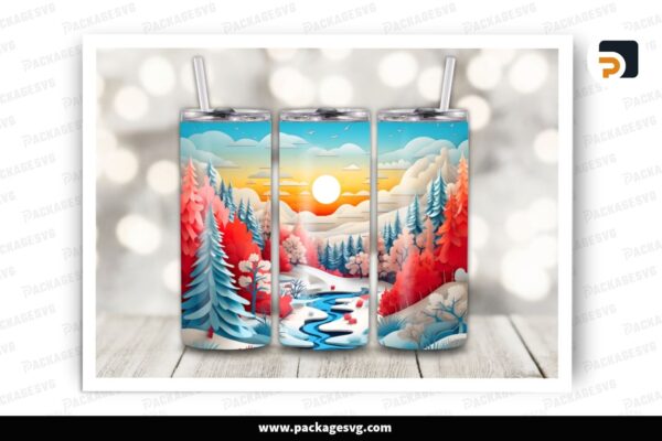 3D Winter Landscape Sublimation Design, 20oz Skinny Tumbler Wrap Free Download