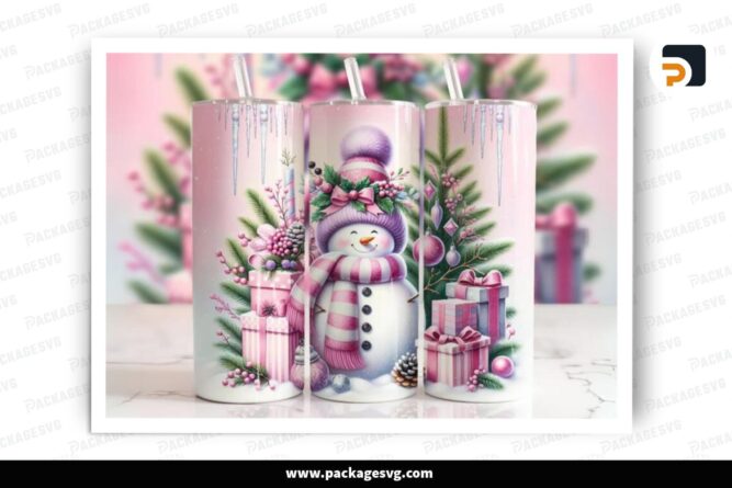 Pink Snowman And Gift Sublimation Design, 20oz Skinny Tumbler Wrap LPHPUBI9 (2)