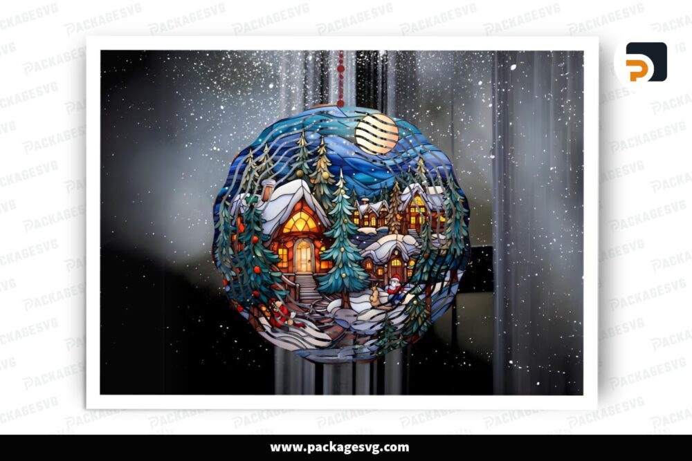 Santa Claus Village Stained Glass Wind Spinner PNG, Christmas Sublimation Design LPHQ11K3