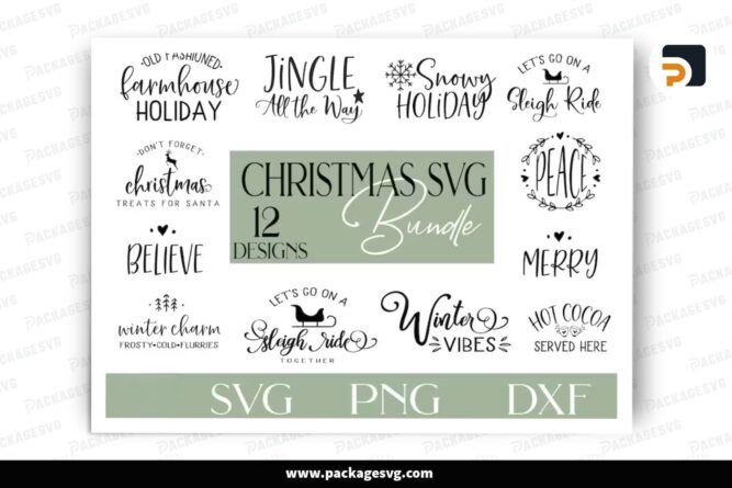 Farmhouse Christmas SVG Bundle, 12 Xmas Design Files