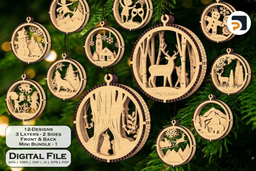 Chritmas Tree 3 Layers Ornament SVG Bundle, 12 Hanging Bauble Laser Cut Files LP986BN0