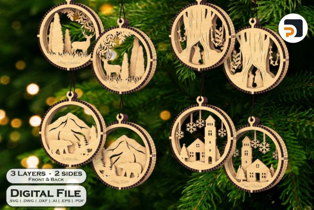 Chritmas Tree 3 Layers Ornament SVG Bundle, 12 Hanging Bauble Laser Cut Files LP986BN0