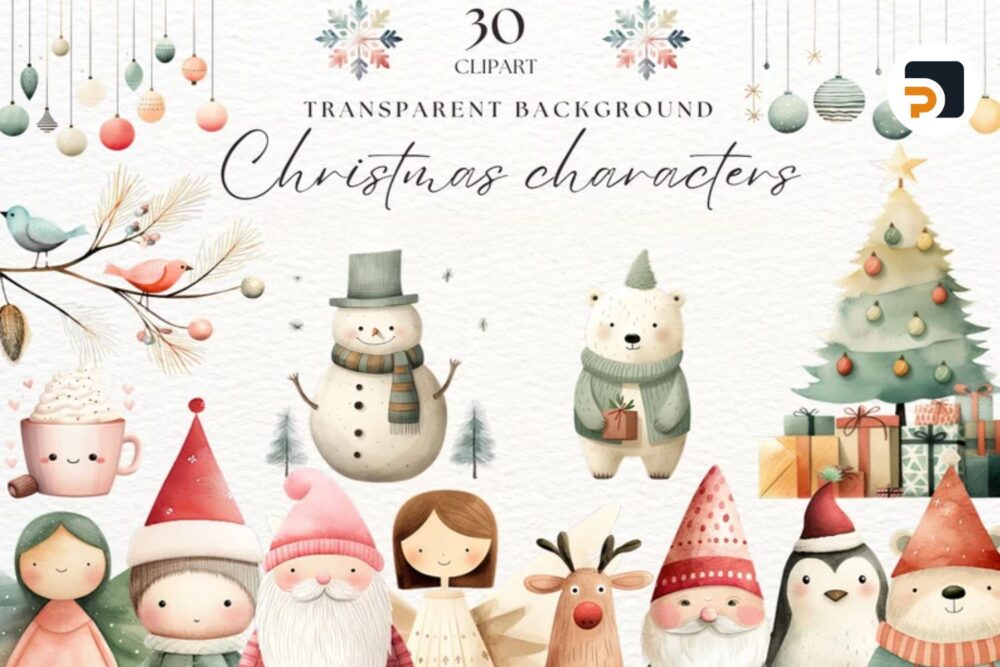 Watercolor Christmas Character Clipart Bundle, 30 Design Files (2)
