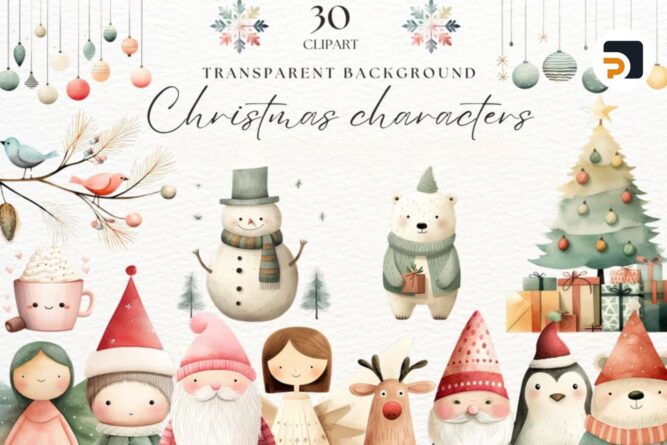 Watercolor Christmas Character Clipart Bundle, 30 Design Files (2)